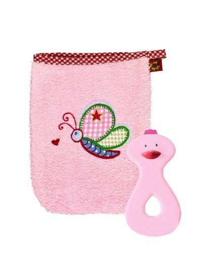 Geschenkset Waschhandschuh und Beißring rosa
